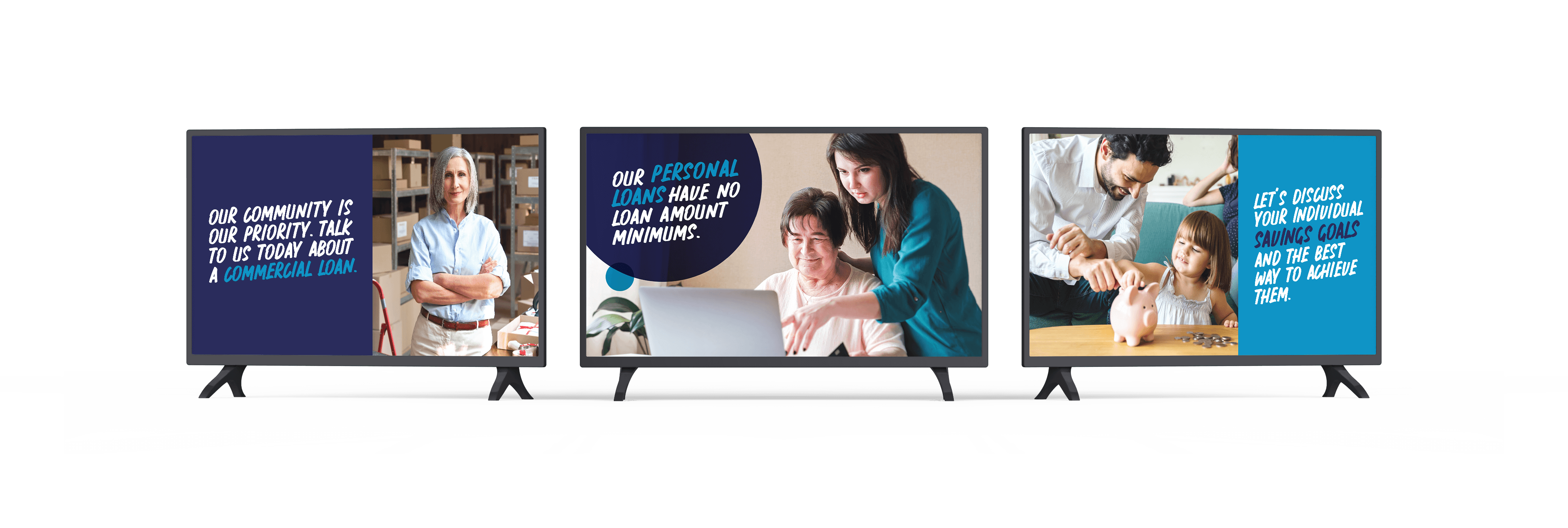 First Choice Bank branded tv slides mocked up on three different screens